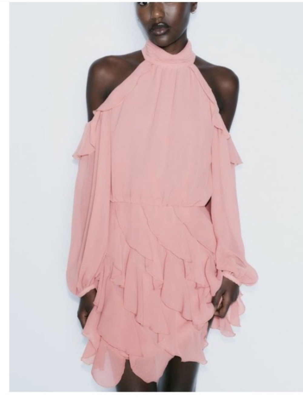 Pink Ruffled Cold-Shoulder Mini Dress - Picture 2 of 5